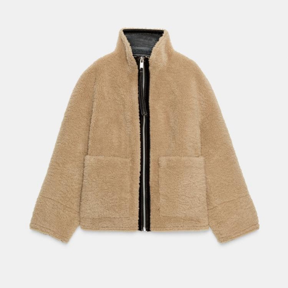 Zara nwt faux leather fur teddy brown beige tan zip up winter coat jacket